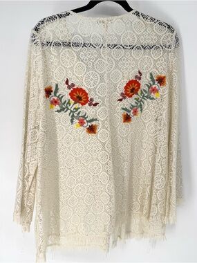 EARTHBOUND boho Cream Crochet Kimono fringe with Red & Orange Floral Embroidery